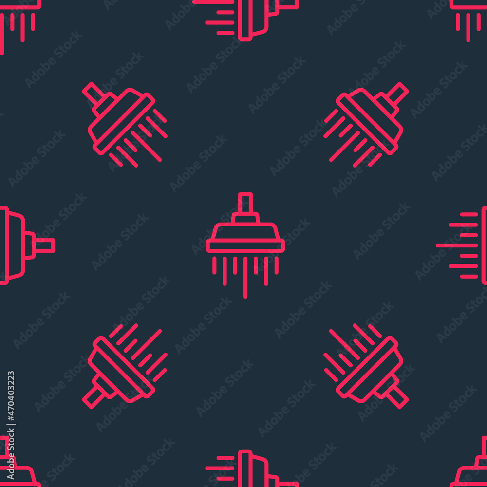 Red line Shower head with water drops flowing icon isolated seamless pattern on black background. Vector