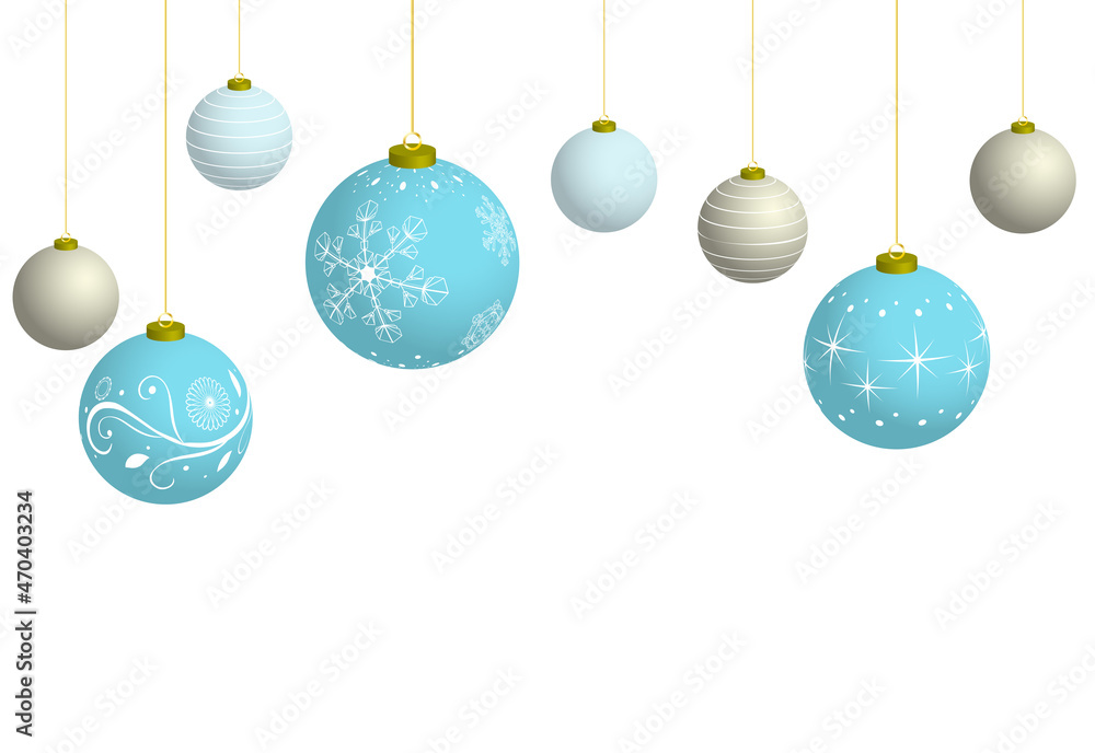水色と銀色のクリスマスボールのメッセージカード白背景
