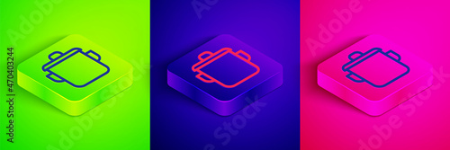 Isometric line Cooking pot icon isolated on green, blue and pink background. Boil or stew food symbol. Square button. Vector