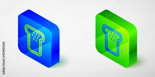 Isometric line Bread toast for sandwich piece of roasted crouton icon isolated on grey background. Lunch, dinner, breakfast snack. Blue and green square button. Vector