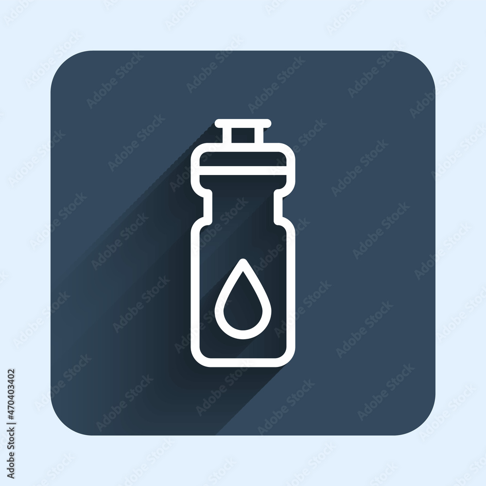 White line Fitness shaker icon isolated with long shadow background. Sports shaker bottle with lid for water and protein cocktails. Blue square button. Vector White line Fitness shaker icon isolated with long shadow background. Sports shaker bottle with lid for water and protein cocktails. Blue square button. Vector