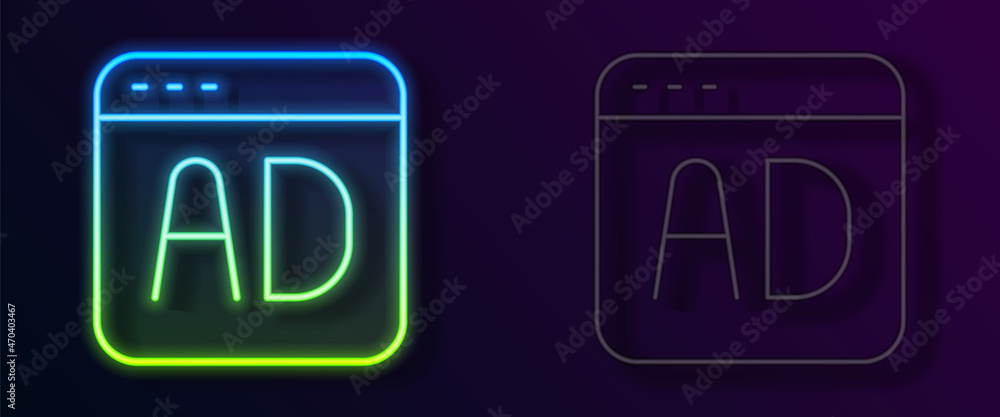 Glowing neon line Advertising icon isolated on black background. Concept of marketing and promotion process. Responsive ads. Social media advertising. Vector Glowing neon line Advertising icon isolated on black background. Concept of marketing and promotion process. Responsive ads. Social media advertising. Vector