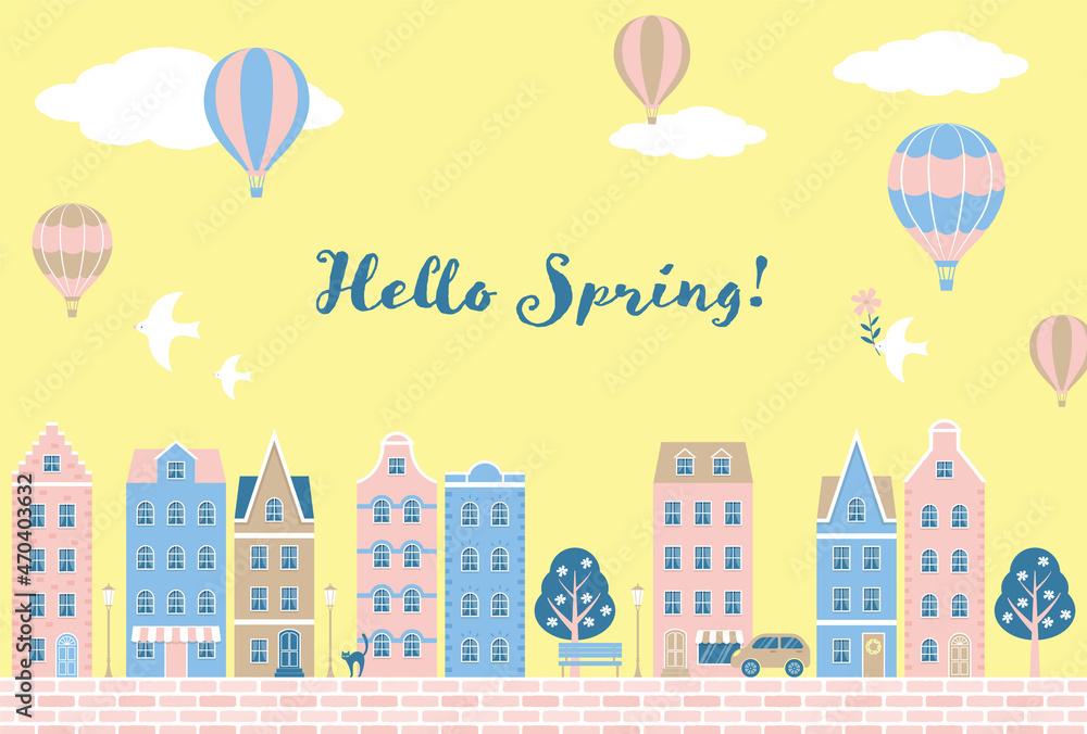 vector background with city landscape with colorful houses and hot air balloons for banners, cards, flyers, social media wallpapers, etc.