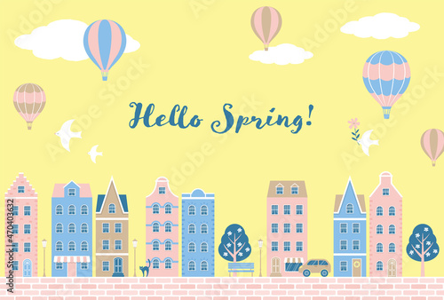 vector background with city landscape with colorful houses and hot air balloons for banners, cards, flyers, social media wallpapers, etc.
