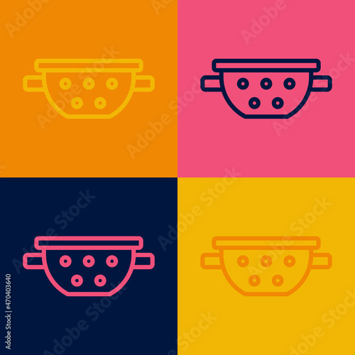 Pop art line Kitchen colander icon isolated on color background. Cooking utensil. Cutlery sign. Vector