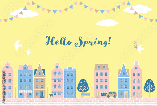 vector background with city landscape with colorful houses and flags for banners, cards, flyers, social media wallpapers, etc.