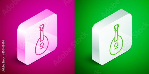 Isometric line Traditional musical instrument mandolin icon isolated on pink and green background. Silver square button. Vector
