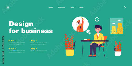 Pupil thinking of graduating from university. Boy in school uniform daydreaming in class flat vector illustration. School, graduation, education concept for banner, website design or landing web page