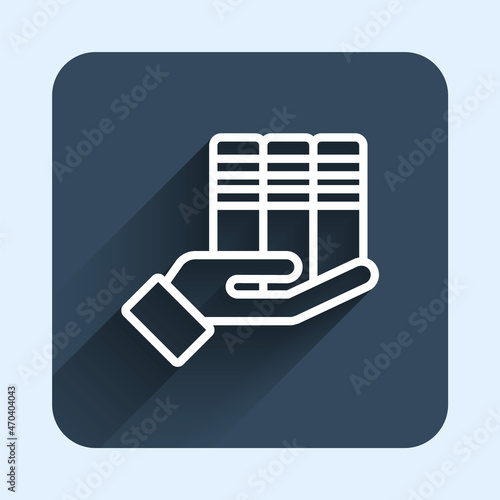 White line Book donation icon isolated with long shadow background. Blue square button. Vector