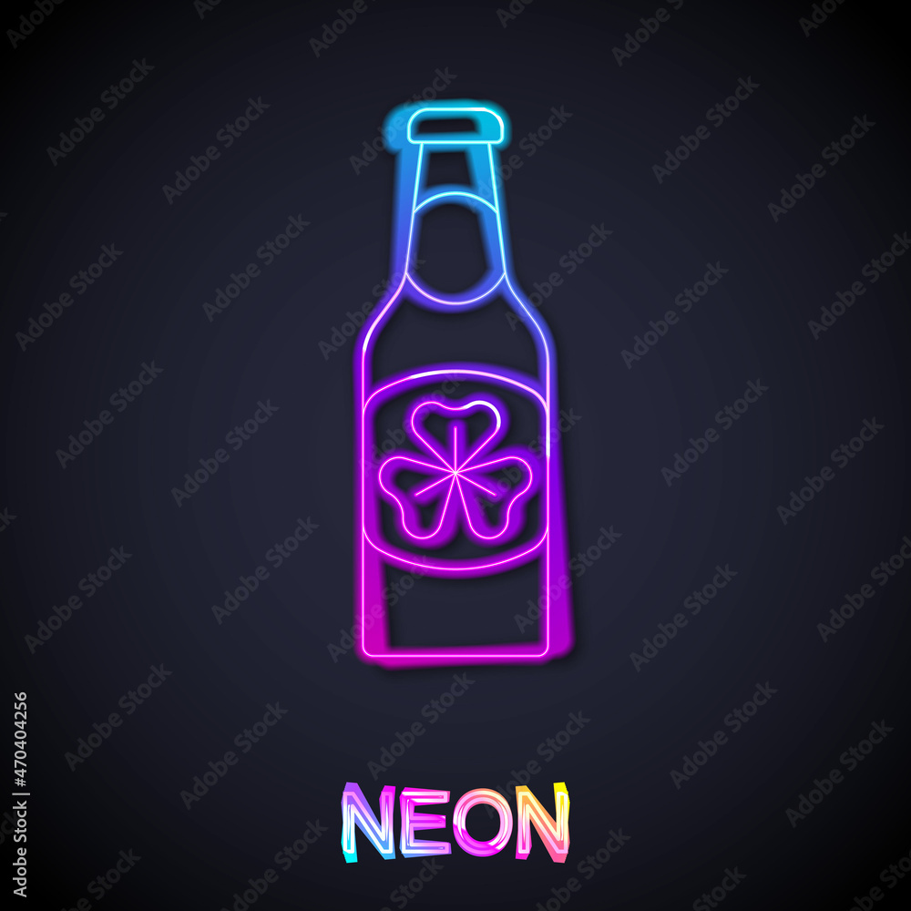 Glowing neon line Beer bottle with clover trefoil leaf icon isolated on black background. Happy Saint Patricks day. National Irish holiday. Vector Glowing neon line Beer bottle with clover trefoil leaf icon isolated on black background. Happy Saint Patricks day. National Irish holiday. Vector