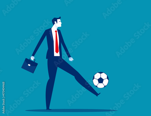 Fototapeta Naklejka Na Ścianę i Meble -  Young businessman playing football. Business cartoon vector illustration