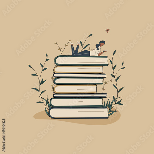 Concept:book is source of knowledge.Tiny african woman lying on stack of books and reading book.Pile of volumes surrounded by plants as symbol of education.For library or bookstore.Hand drawn raster