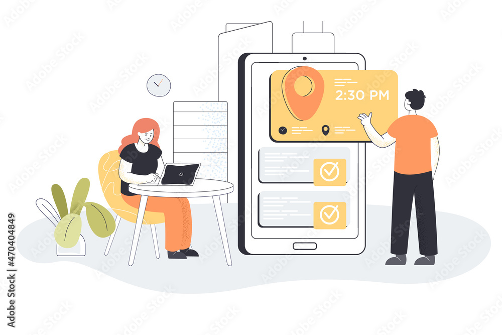Tiny woman and man in front of mobile screen planning meeting with online app. People using appointment business calendar flat vector illustration. Booking, workplace, digital technology concept Tiny woman and man in front of mobile screen planning meeting with online app. People using appointment business calendar flat vector illustration. Booking, workplace, digital technology concept