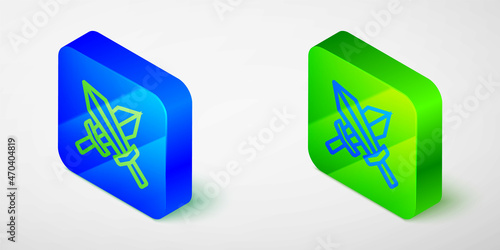 Isometric line Sword for game icon isolated on grey background. Blue and green square button. Vector