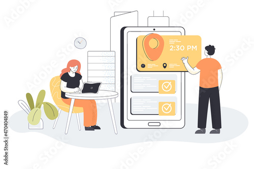 Tiny woman and man in front of mobile screen planning meeting with online app. People using appointment business calendar flat vector illustration. Booking, workplace, digital technology concept