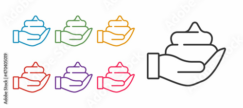 Set line Shaving gel foam on hand icon isolated on white background. Shaving cream. Set icons colorful. Vector