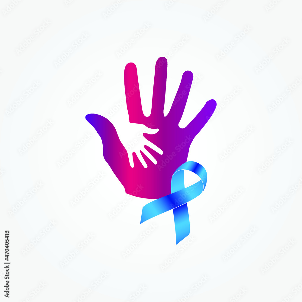 Obraz premium Baby's handprints on parents' hands with ribbon, Infant Protection Day, Child care, Cancer, Love family healthcare, Father's day concept panoramic banner, Motherhood, and care, Mother's Day,