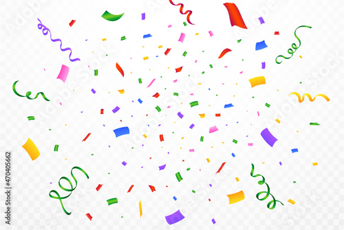 Festival confetti background vector. Realistic celebration confetti ribbon explosion illustration. Colorful bright confetti isolated on transparent background. Festival elements. Birthday celebration.
