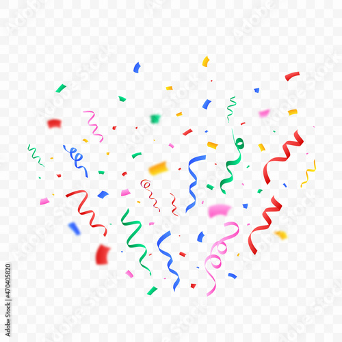 Confetti vector illustration for the festival background. Golden party tinsel and confetti explosion. Golden confetti isolated on transparent background. Carnival elements. Birthday celebration.