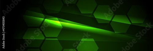 Green glowing technology minimal background with hexagons. Vector banner design