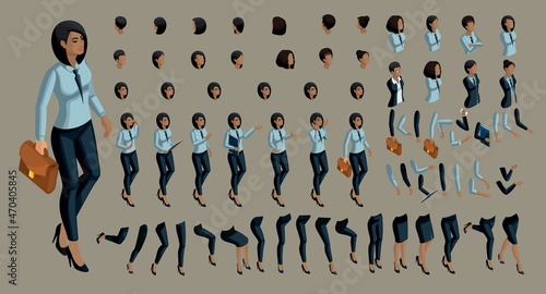 Large set of people's emotions in isometric to create own character. 3d business African American woman with a set of hand gestures in a business suit. For vector illustrations