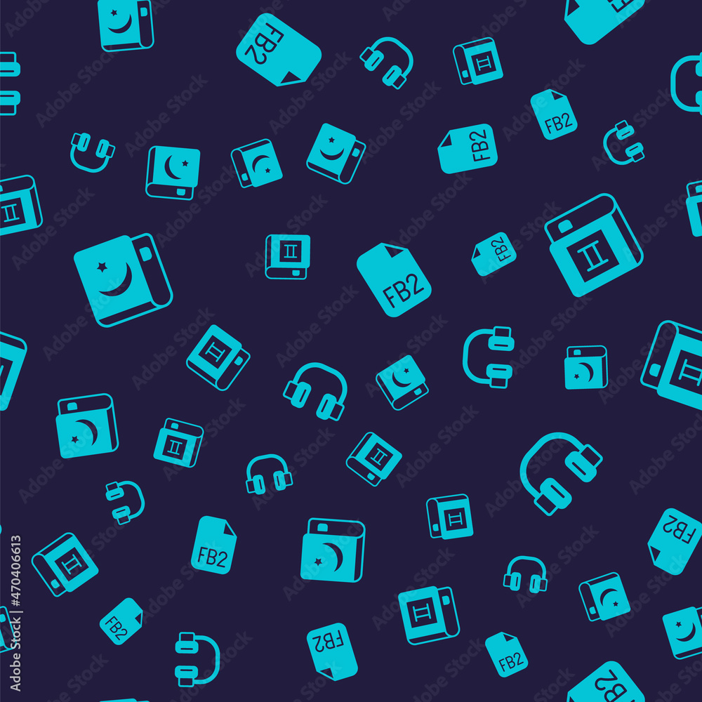 Set Holy book of Koran, Book, FB2 File and Headphones on seamless pattern. Vector Set Holy book of Koran, Book, FB2 File and Headphones on seamless pattern. Vector