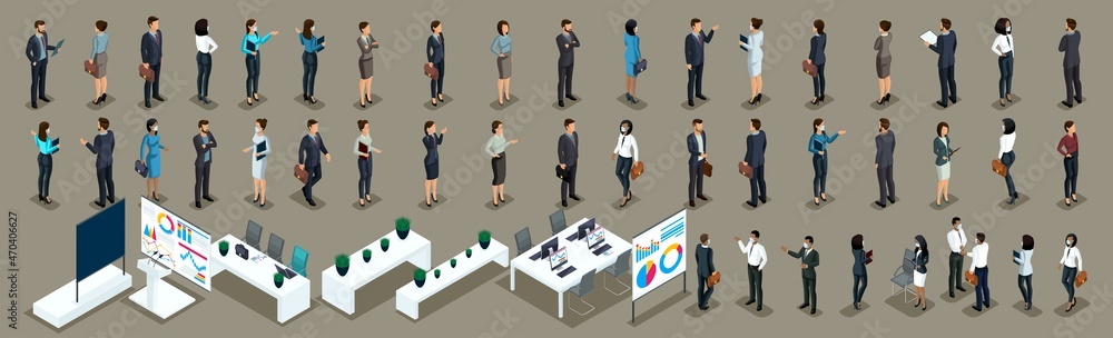 Isometric set of 3D businessmen and office furniture. Front and back view. Masked characters during the pandemic Isometric set of 3D businessmen and office furniture. Front and back view. Masked characters during the pandemic