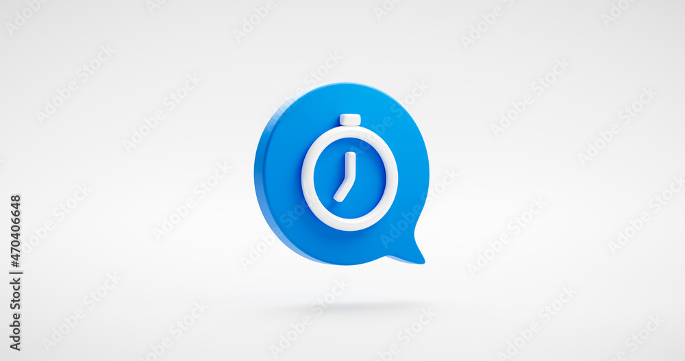Blue clock time icon or hour timer alarm watch message bubble illustration graphic flat design and digital stopwatch concept isolated on white 3d background with minute interface measurement symbol. Blue clock time icon or hour timer alarm watch message bubble illustration graphic flat design and digital stopwatch concept isolated on white 3d background with minute interface measurement symbol.
