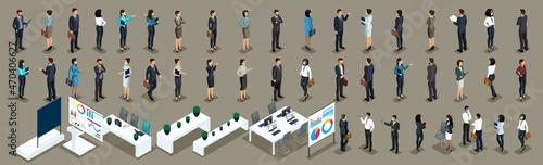 Isometric set of 3D businessmen and office furniture. Front and back view. Masked characters during the pandemic