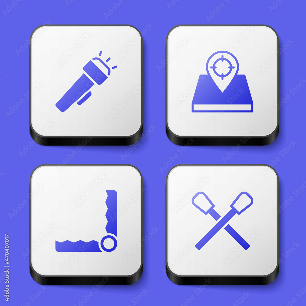 Set Flashlight, Hunt place, Trap hunting and Burning match with fire icon. White square button. Vector Set Flashlight, Hunt place, Trap hunting and Burning match with fire icon. White square button. Vector