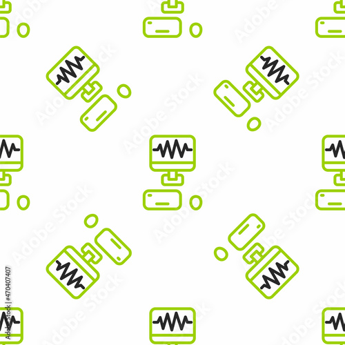 Line Music sound recording studio control room with professional equipment icon isolated seamless pattern on white background. Vector