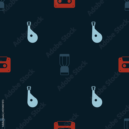Set Retro audio cassette tape, African djembe drum and Bandura on seamless pattern. Vector