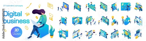 Isometric Set Digital Business Concepts. Creative teams solve business problems. Businessmen and Businesswomen. For Vector Illustrations