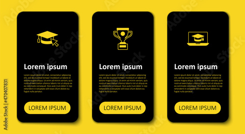 Set Graduation cap on laptop, Award cup and with cursor. Business infographic template. Vector