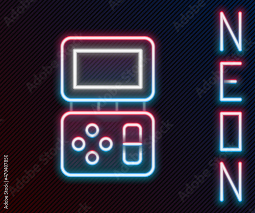 Glowing neon line Portable tetris electronic game icon isolated on black background. Vintage style pocket brick game. Interactive playing device. Colorful outline concept. Vector