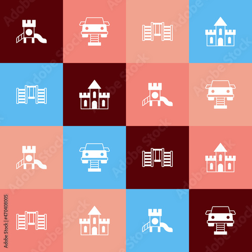 Set pop art Slide playground, Swing car, Swedish wall and Sand castle icon. Vector