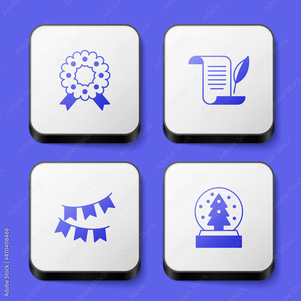 Set Christmas wreath, Envelope, Carnival garland with flags and snow globe icon. White square button. Vector Set Christmas wreath, Envelope, Carnival garland with flags and snow globe icon. White square button. Vector