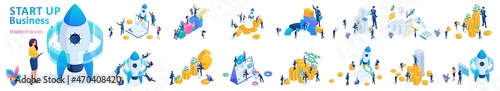 Set Isometric Business Startup Concepts. Young teams are launching businesses, attracting investments, celebrating victory. For Vector Illustrations