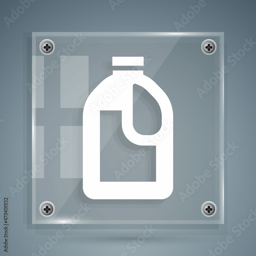 White Plastic bottle for laundry detergent, bleach, dishwashing liquid or another cleaning agent icon isolated on grey background. Square glass panels. Vector