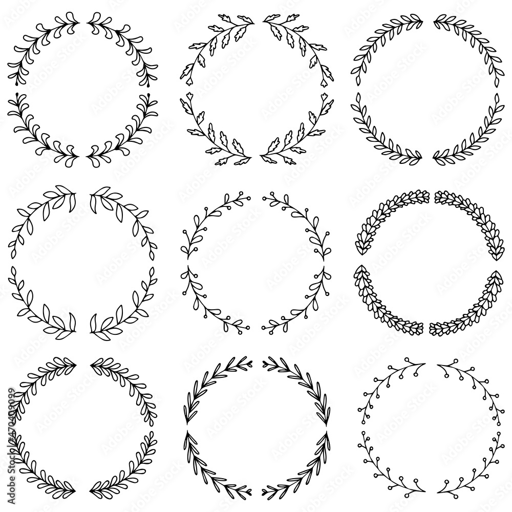 Vector illustration of hand drawn wreaths. Cute doodle floral wreath frame set. Vector illustration of hand drawn wreaths. Cute doodle floral wreath frame set.