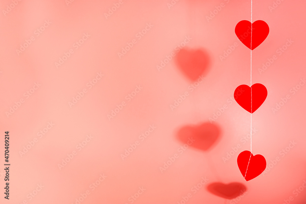 Greeting card with red heart on pink background. Valentines day concept background