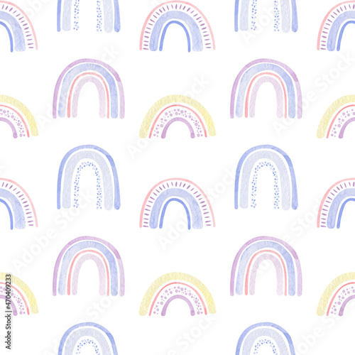 Watercolor seamless pattern. Hand painted illustration cute rainbows on white background. Ideal for children's textiles, decor, design, decoration.