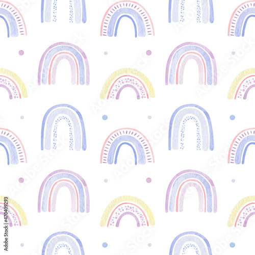 Watercolor seamless pattern. Hand painted illustration cute rainbows on white background. Ideal for children's textiles, decor, design, decoration.