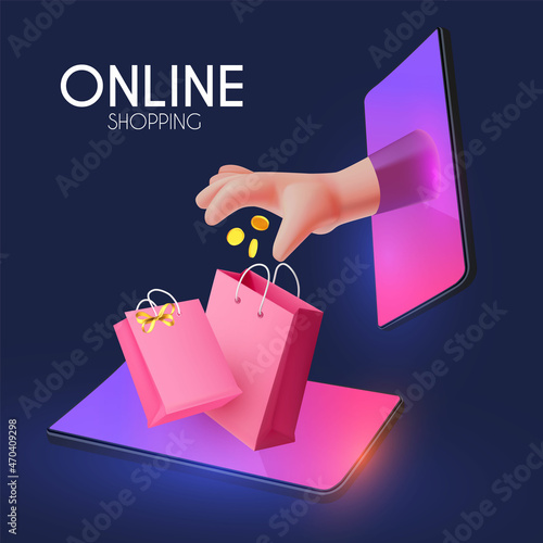 Online shopping. Digital marketing concept with shining phone, paying hand, coins and gift bags