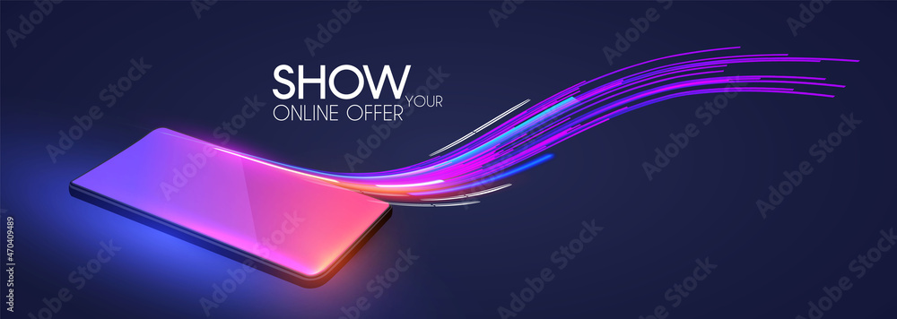 Online activity. Smartphone. Phone concept with shining screen and motion wave. Online shopping and connecting design.