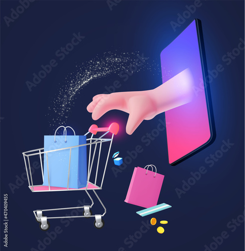 Online shopping. Digital marketing concept with shining phone, paying hand, shopping trolley cart, coins, card, gift bags and box
