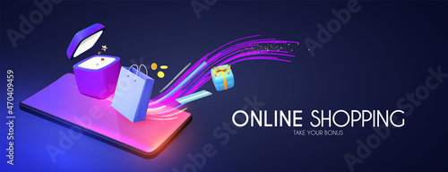 Online shopping. Digital marketing concept with shining phone, gift bags, boxes and coins