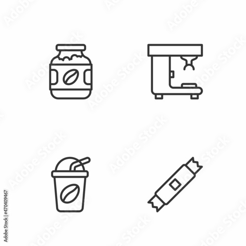 Set line Sugar stick packets, Iced coffee, Coffee jar bottle and machine icon. Vector