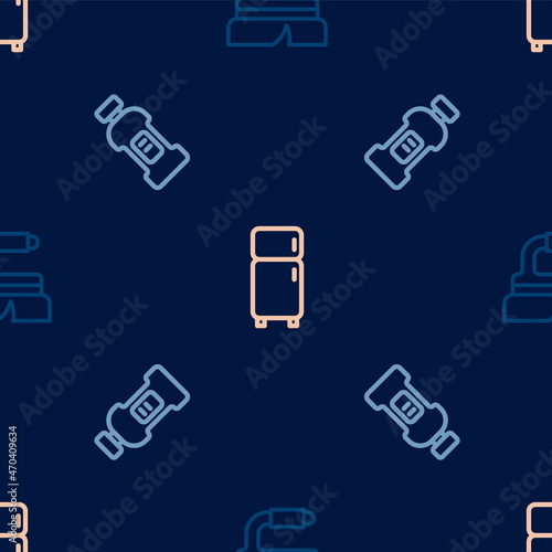 Set line Brush for cleaning, Bottle detergent and Refrigerator on seamless pattern. Vector