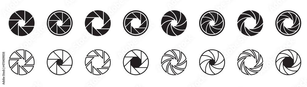 Camera shutter icons set. Set on outlined and silhouette lens aperture positions. Stock vector...
Camera shutter icons set. Set on outlined and silhouette lens aperture positions. Stock vector...